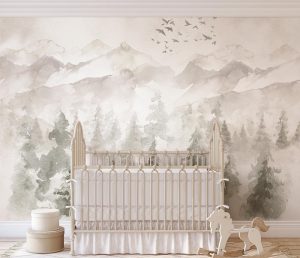 Foggy mountain ranges nursery wallpaper